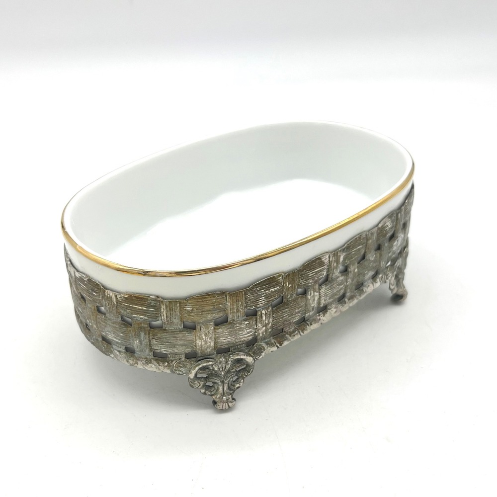 Vintage Oval Ceramic Soap Dish with Ornate Silver Metal Footed Basket